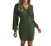 famesale Womens Knitted Dress Fall/Winter Buttoned V-Neck Sweater Dress Batwing Sleeve Elasticated Waist Midi Dress Green
