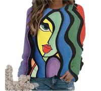 famesale Women's Round Neck Long Sleeve Top Abstract Face Print Jumper 3D Art Face Graphic Pullover Sweatshirt Casual Loose Tops