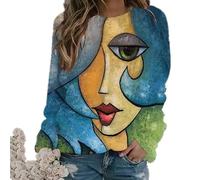 famesale Women's Round Neck Long Sleeve Top Abstract Face Print Jumper 3D Art Face Graphic Pullover Sweatshirt Casual Loose Tops