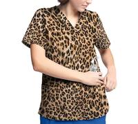 famesale Women's Scrub Tops Leopard 3D Printed T Shirt V-Neck Short Sleeve Workwear Summer Blouse Tops Loose Fashion Nursing Uniform