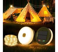 Famgoods Camping String Lights, 32.8Ft Solar & USB Retractable Camping Lights with 8 Lighting Modes, IP65 Waterproof Portable Solar Camping Lights for Outdoor, Tent, RV, Yard, Party, Warm White