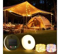 Famgoods Solar Camping Lights with 13 Lighting Modes, 32.8Ft Solar and USB Rechargeable Retractable Camping Solar Lights, IP65 Waterproof Multicolor&Warm Camping String Lights for Outdoor Indoor Decor