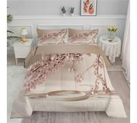 FamHarbor Beige Single Duvet, Coverless Duvet with cherry blossoms Pattern, Single Quilt 7.5 Tog for All Seasons, Soft and Comfortable, Lightweight Washable Comforter 135x200 cm with 1 Pillowcase