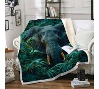 FamHarbor Jungle Elephant Sherpa Fleece Blanket 70x100cm, Tropical Rainforest Pattern Sofa Throw Blanket for Sofa, Fluffy Soft Blankets and Throws, Dark Nature Style Throw for Bed and Sofa -Am74