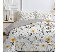FamHarbor Plant Flower Queen Duvet 228x228 cm, Cute Foliage Printed Coverless Duvet with 2 Pillowcases, Soft & Lightweight All-Season Microfiber Comforter, Yellow, Machine Washable, D612