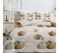 FamHarbor Pumpkin Double Duvet, Coverless Duvet with Harvest Festival Pattern, Beige, Green Double Quilt 7.5 Tog for All Seasons, Soft and Comfortable, Lightweight Washable Comforter 200x200 cm -Ep17