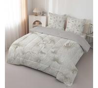 FamHarbor Single Duvet 135x200 cm, Coverless Duvet with Palm Leaf, Plant Pattern, Gray Single Quilt 7.5 Tog with 1 Pillowcase, Soft and Comfortable, Lightweight Washable Comforter, EA391