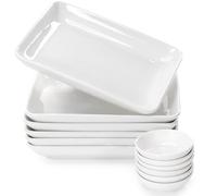 FAMHH 8 Inch Appetizer Plates Set with Dipping Cups for Serving, Desserts, Salads - Chip-Resistant, Porcelain, Rectangular Dinner Plates - Free of Plastic & Lead - 6 Small, White Dinner Plates & Cups