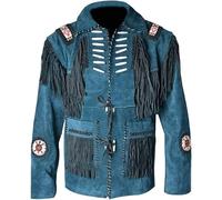 Fami Sports Authentic Vintage Native American Western Cowboy Suede Leather Jacket: Fringed, Beaded & Bones Classic Style and Durability (UK, Alpha, 3XL, Regular, Regular, Blue)