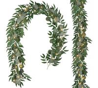 Famibay 2 Pack 6.5Ft Artificial Eucalyptus Garland with Light | Green Artificial Christmas Garland with Willow Leaves Greenery Vines for Holiday Fireplace Window Table Indoor Outdoor Decor