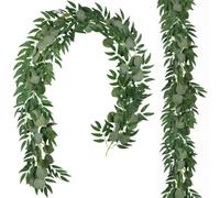 Famibay 2 Pack 6.5Ft Artificial Eucalyptus Garland with Willow Leaves | Fake Hanging Greenery Vines Green Christmas Garland for Home Decoration Wedding Backdrop Table Arch Wall Decor
