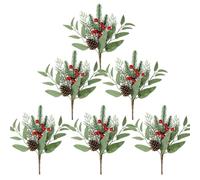 Famibay 6pcs Christmas Artificial Pine Branches Red Berries Stems Christmas Pine Picks with Pinecones Greenery Fake Plants for Christmas Tree Garland Wreath DIY Craft