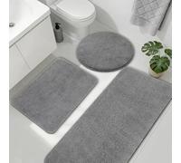 Famibay Bath Mat Set 3 Piece Non Slip Bathroom Mat Washable Absorbent Bath Rugs for Bathroom Floor Microfibre Soft Grey