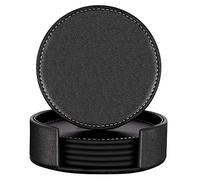 Famibay Coasters with Holder Set of 6 Heat Resistant Black PU Leather Coasters Round Drink Coaster Set Cup Mats