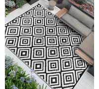Famibay Outdoor Rug Garden Waterproof Large Outdoor Carpet Patio Rugs Reversible Plastic Straw Mat Lightweight Black and White Geometric Garden Carpet for Camping Balcony Deck Porch BBQ