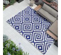 Famibay Outdoor Rug Garden Waterproof Outdoor Carpet Patio Rugs Reversible Plastic Straw Mat Lightweight Blue Geometric Garden Carpet for Camping Balcony Deck Porch BBQ