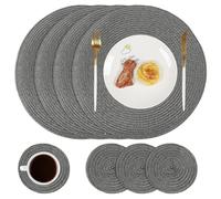 Famibay Place Mats and Coasters Set of 4 Round Woven Placemats Dining Table Place Mats Heat Resistant Washable Grey Table Mats for Kitchen Dining