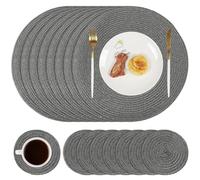 Famibay Placemats and Coaster Sets 8 Round Woven Table Mats Heat Resistant Dark Grey Place Mats Washable for Kitchen Dining Table