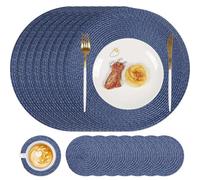 Famibay Placemats and Coasters Set of 8 Round Woven Place Mats Washable Heat Resistant Place Mats Navy Blue Table Mats and Coasters for Kitchen Dining Table