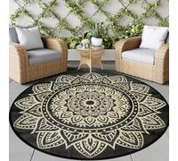 famibay Round Outdoor Rugs for Patios 8ft Boho Plastic Outdoor Rug Waterproof Reversible Circle Outside Rugs Lightweight Portable All Weather Outdoor Carpet for Patio Backyard Porch(Black Camel)
