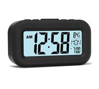 FAMICOZY Small Digital Travel Alarm Clock with Day/Indoor Temperature,Easy to Read and Set,High/Low Auto Backlight,9 Min Snooze,Crescendo Bedside Alarm Clock,Black