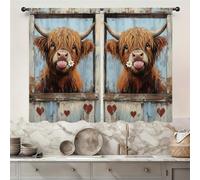 Famiffty Abstract Barn Door Daisy Cow Kitchen Curtain 27.5W X 39L Inch 2 Panel Rod Pocket Small Short Cafe Tier Window Drapes Over Sink Bathroom Decor