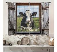 Famiffty Barn Door Flower Cow Kitchen Curtain 27.5W X 39L Inch 2 Panel Rod Pocket Rustic Country Daisy Vintage Retro Wooden Board Small Short Cafe Tier Window Drapes Over Sink Bathroom Decor