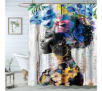 Famiffty Black Girl Shower Curtain,African American Shower Curtains 72Wx72L Inch Black Woman Butterfly Afro Lady Blue Floral Colorful Wood Bathroom Decor Waterproof Polyester Fabric 12 Hooks