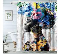 Famiffty Black Girl Shower Curtain African American Shower Curtains Black Woman Butterfly Afro Blue Floral Girly Colorful Wood Bath Decoration Waterproof Polyester Fabric 12 Hooks (60Wx72L Inches)