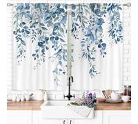 Famiffty Blue Eucalyptus Leaves Kitchen Curtains 27.5W X 39L Inch 2 Panels Rod Pocket Window Drapes Treatment Living Room Bedroom Girls Bathroom Curtains Home Decor