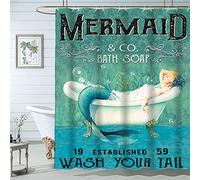 Famiffty Blue Mermaid Ocean Shower Curtain - 60Wx72L Inch, Green, Wash Your Tail Funny Bathtub Bubble Waterproof Polyester Fabric, 12 Plastic Hooks