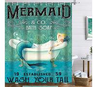 Famiffty Blue Mermaid Ocean Shower Curtain Mermaid Bathroom Set 72Wx72L Inch Little Mermaid Shower Curtain Green Wash Your Tail Funny Bathtub Bubble Waterproof Polyester Fabric 12 Plastic Hooks