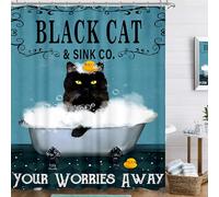 Famiffty Cat Funny Shower Curtain 60Wx72L Inch Bath Soap Shower Curtain Vintage Blue Green Cute Black Kitty Bubble Retro Bathtub Bathroom Decor Accessories Waterproof Polyester Fabric 12 Plastic Hooks