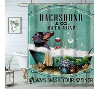 Famiffty Dog Shower Curtain,Funny Shower Curtains 72Wx84L Inch Dachshund Shower Curtain Bath Soap Wash Your Paws Fun Ocean Teal Green Bathtub Vintage Wood Waterproof Polyester Fabric 12 Plastic Hooks