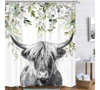 Famiffty Eucalyptus Farmhouse Highland Cow Shower Curtain 60Wx72L Inches Western Green Leaf Cute Funny Country Gray Cowboy Rustic Country Bathroom Decor Waterproof Polyester Fabric with 12 Pack Hooks