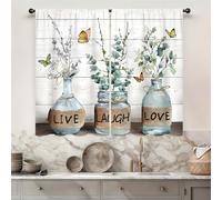 Famiffty Eucalyptus Kitchen Curtains 27.5W X 39L Inch 2 Panels Rod Pocket Farmhouse Rustic Botanical Vintage Green Leaf Small Cafe Curtain Plant Bottle Wood Window Drapes Treatment Bathroom Home Decor