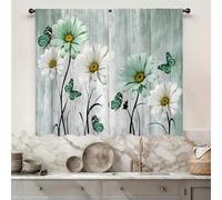 Famiffty Farmhouse Floral Kitchen Curtain 27.5W X 39L Inch 2 Panel Rod Pocket Rustic Teal Green Flower Vintage Daisy Country Turquoise Retro Small Short Cafe Tier Drape Treatment Wooden Bathroom Decor