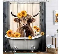Famiffty Farmhouse Highland Cow Shower Curtain 60Wx72L Inch Bull Funny Bathtub Cattle Country Sunflower Western Bathroom Curtain Vintage Print Set Accessories Decor Waterproof Fabric 12 Plastic Hooks