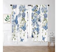Famiffty Floral Butterfly Kitchen Curtains Rod Pocket Blue Flower Spring Summer Leaves Small Short Cafe Curtain Girls Wildflower Vines Lavender Window Treatment Drapes (42W X 63L Inch 2 Panels)