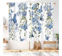 Famiffty Floral Butterfly Kitchen Curtains Rod Pocket Blue Flower Spring Summer Leaves Small Short Cafe Curtain Girls Wildflower Vines Lavender Window Treatment Drapes (27.5W X 39L Inch 2 Panels)