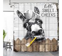 Famiffty Funny Donkey Farmhouse Shower Curtain 60Wx72L Inch Rustic Western Retro Shower Curtains Black White Farm Fun Animal Modern Hello Sweet Cheeks Cute Waterproof Polyester Fabric 12 Plastic Hooks