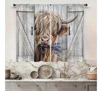 Famiffty Highland Cow Farmhouse Kitchen Curtains 27.5W X 39L Inch 2 Panels Rod Pocket Rustic Bull Country Barn Door Small Short Cafe Tier Window Drapes Western Wooden Lavender Bathroom Home Decor
