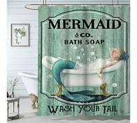 Famiffty Mermaid Shower Curtain Mermaid Bathroom Set 72Wx84L Inch Little Mermaid Shower Curtain Teal Green Wash Your Tail Funny Ocean Bathtub Bubbles Vintage Wood Waterproof Polyester Fabric 12 Hooks