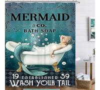 Famiffty Ocean Shower Curtain Mermaid Bathroom Curtains 60Wx72L Inch Teal Blue Funny Wash Your Tail Bathtub Bubbles Sea Bath Soap Vintage Retro Waterproof Polyester Fabric 12 Plastics Hooks