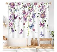Famiffty Purple Butterfly Kitchen Curtain 27.5W X 39L Inch 2 Panel Rod Pocket Lilac Floral Lavender Spring Floral Summer Farmhouse Simple Leaves Small Short Cafe Tier Girl Window Drapes Bathroom Decor