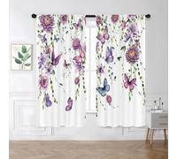 Famiffty Purple Floral Butterfly Window Curtains 42W X 63L Inches 2 Panels Lilac Flower Lavender Spring Farmhouse Window Drapes Treatment Simple Leaf Summer Girl Bedroom Living Room Curtain Home Decor