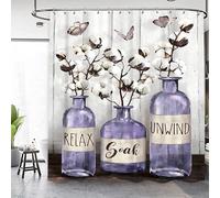 Famiffty Purple Flowers Shower Curtain Rustic Country Shower Curtain 60 x 72 Inch Cotton Relax Soak Unwind Modern Lilac Bathroom Decor Wood Butterfly Bottle Waterproof Polyester Fabric 12 Hooks