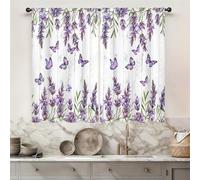 Famiffty Purple Lavender Butterfly Kitchen Curtain 27.5W X 39L Inch 2 Panel Rod Pocket Liac Floral Spring Flower Rustic Farmhouse Wooden Country Small Short Cafe Tier Window Drapes Bathroom Home Decor