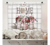 Famiffty Red Rose Peony Kitchen Curtains 2 Panels Rod Pocket Farmhouse Vintage Country Short Cafe Tier Curtains Home Sweet Pink Bathroom Window Drapes Treatment Home Decoration (27.5W X 39L Inches)