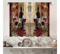 Famiffty Red Wine Kitchen Curtains 27.5W X 39L Inch 2 Panels Rod Pocket Vintage Burgundy Abstract Grapes Small Short Cafe Tier Curtains Retro Glasses Neutral Bottles Window Drapes Treatment Home Decor